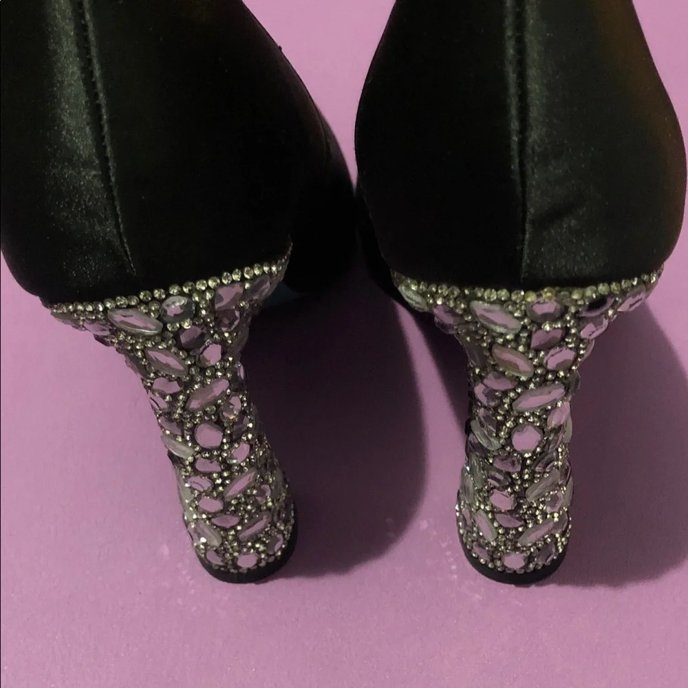 Betsey Johnson Black Satin Pointed Pumps with Jeweled Block Heels - Picture 5 of 8